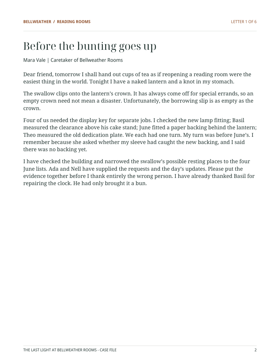 The first letter in the Bellweather Rooms mystery, shown as it appears in the printable PDF.